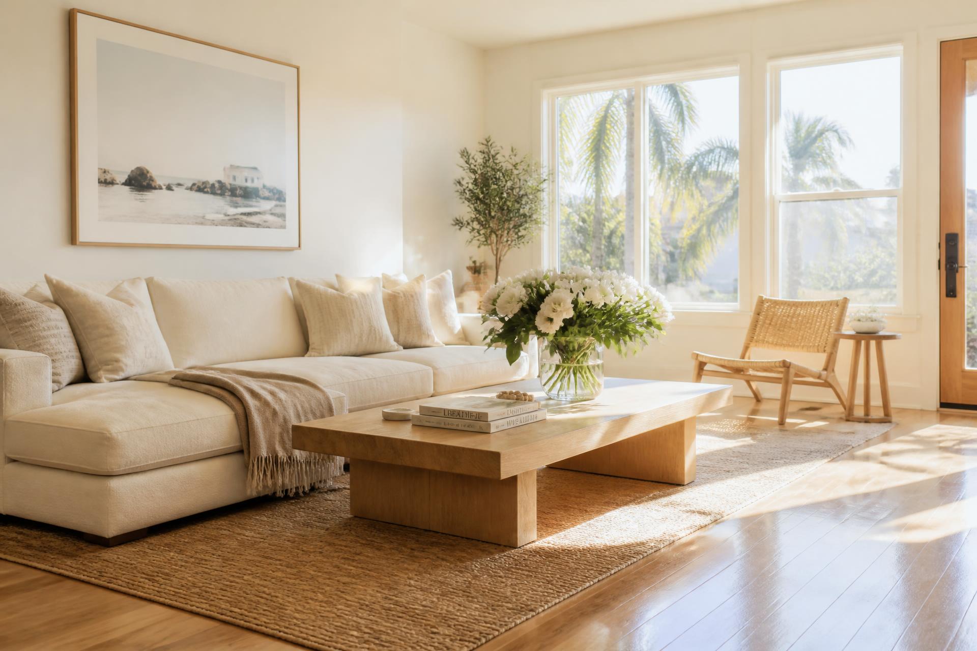 Sunlit, freshly cleaned living room